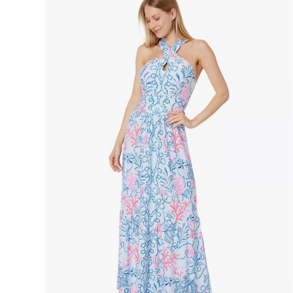 Lilly Pulitzer Montecito Coral Striped Maxi Halter Dress